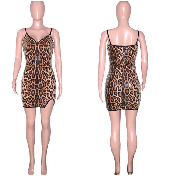 Women Sexy Sleeveless Leopard Print Sequins Dress