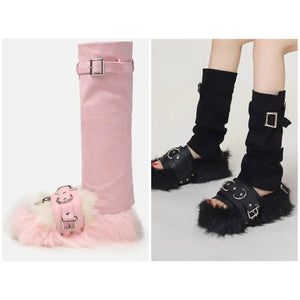 Women Faux Fur Fashion Buckle Mid-Calf Boots