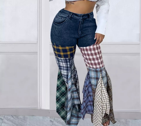 Women Fashion Denim Plaid Patchwork Wide Leg Pant