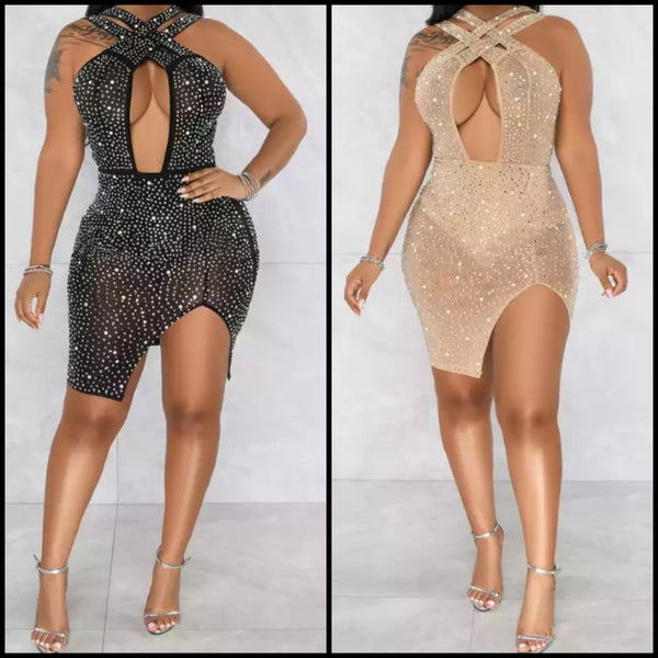 Women Mesh Sexy Halter Bling Dress