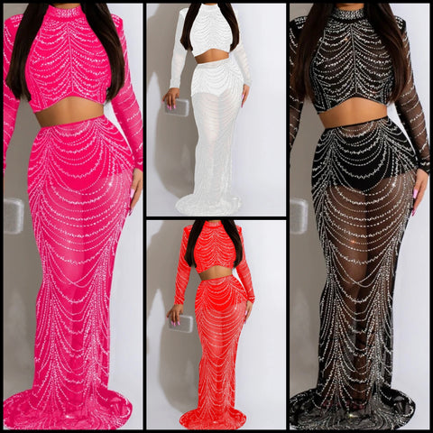 Women Sexy Mesh Rhinestone Full Sleeve Crop Two Piece Maxi Skirt Set