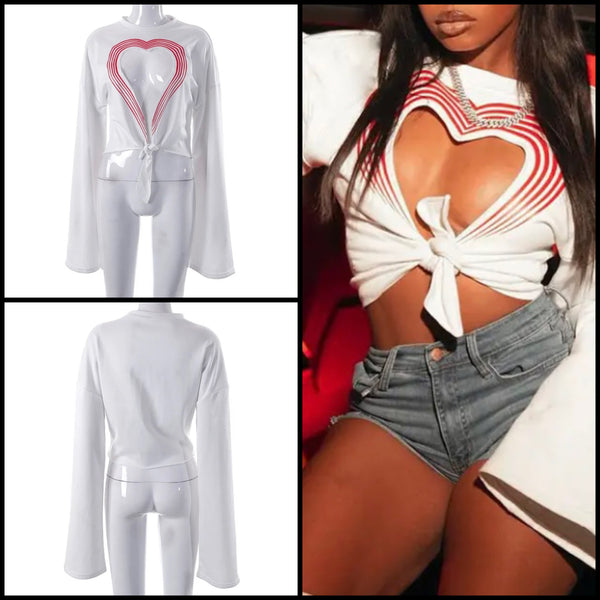 Women Fashion Full Sleeve Heart Hollow Out Tie Up Top