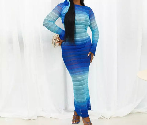 Women Sexy Blue Gradient Full Sleeve Maxi Dress