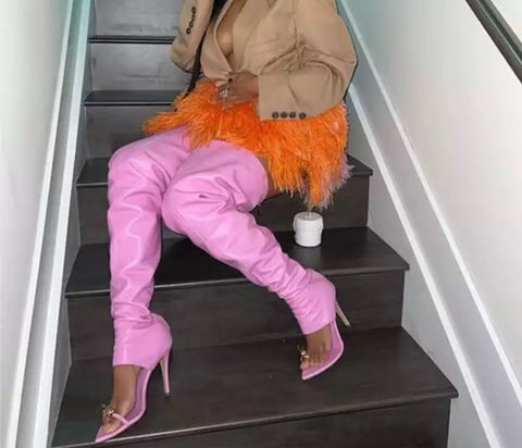 Women Fashion Pink Open Toe Over The Knee Boots