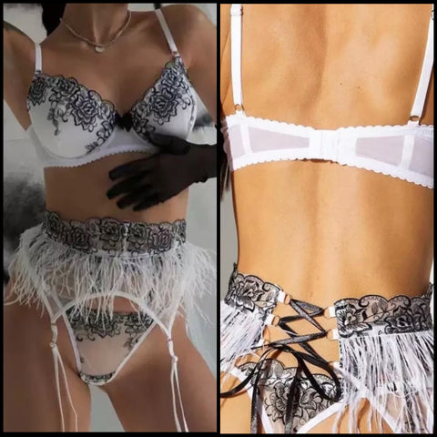 Women Sexy White/Black Printed Feather Lingerie Set