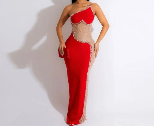 Women Sexy Sleeveless One Shoulder Bling Mesh Patchwork Maxi Dress