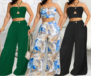 Women Sexy Sleeveless Halter Two Piece Wide Leg Pant Set