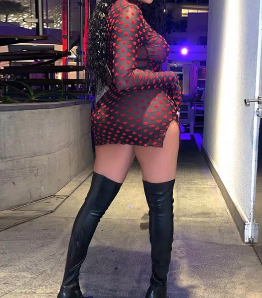 Women Heart Print Mesh Full Sleeve Sexy Dress
