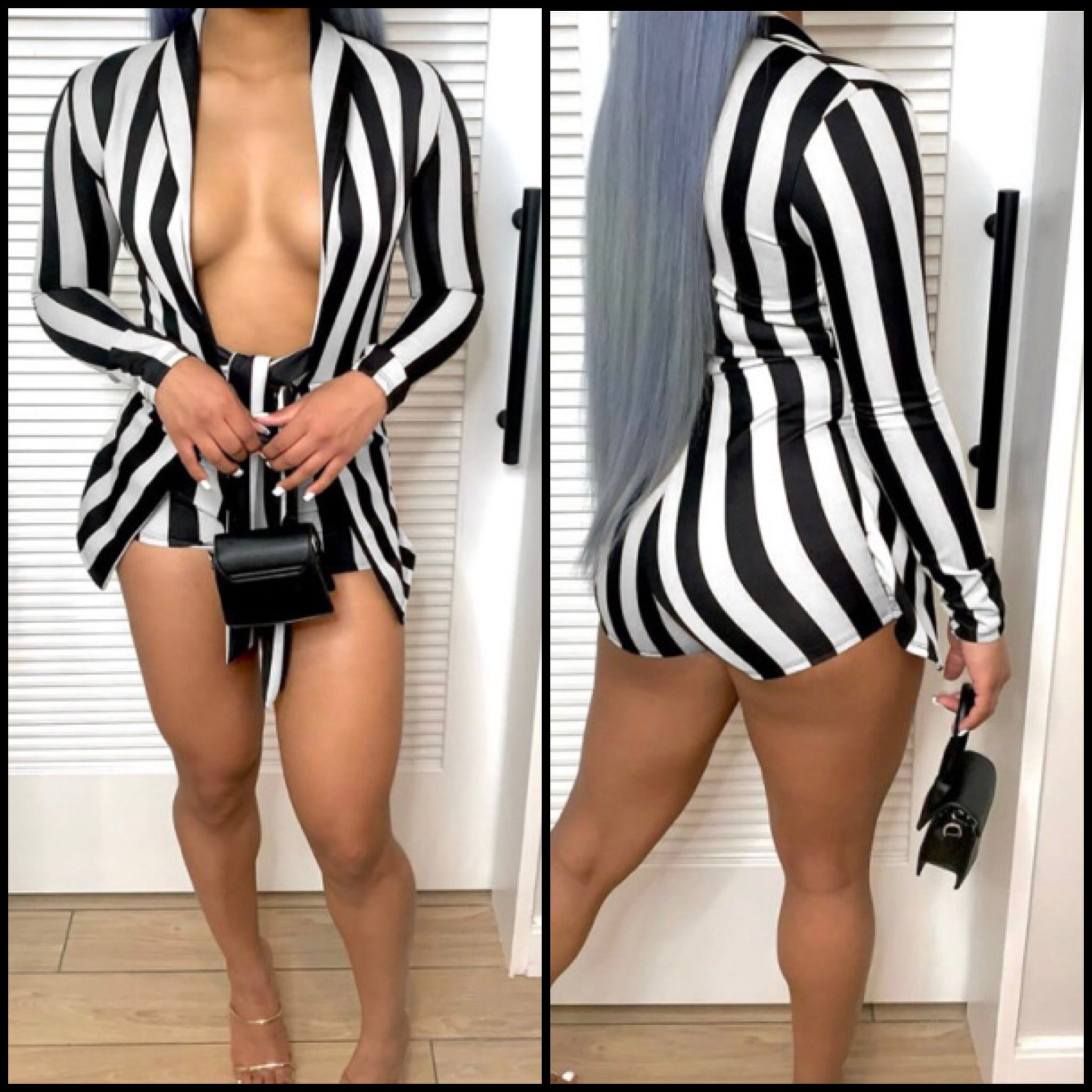 Women Sexy Striped Deep V-Neck Full Sleeve Romper