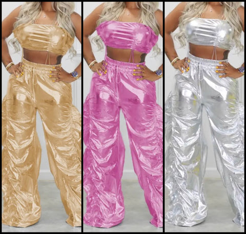 Women Sexy Sleeveless Metallic Ruffled Two Piece Pant Set