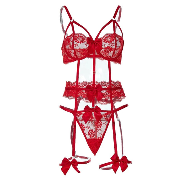 Women Sexy Red Bow Cut Out Bodysuit Lingerie Set