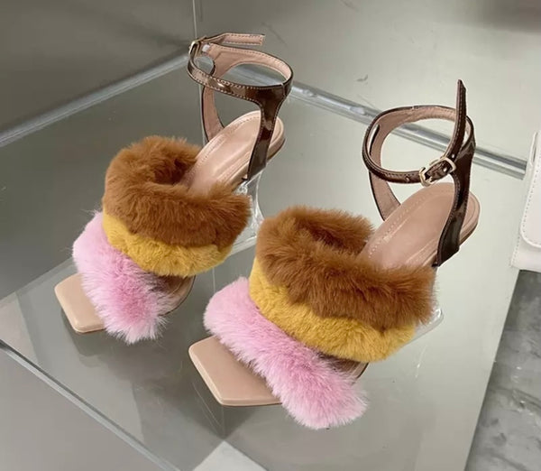 Women Fashion Colorful Faux Fur Clear Heel Sandals