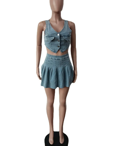 Women Denim Sexy Sleeveless Two Piece Pleated Skirt Set