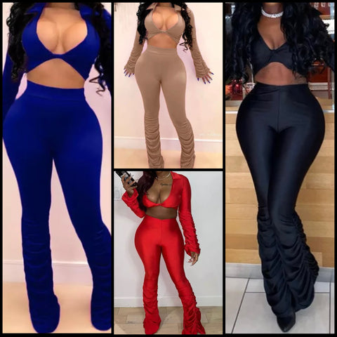 Women Sexy Fashion Full Sleeve Crop Ruched Two Piece Pant Set