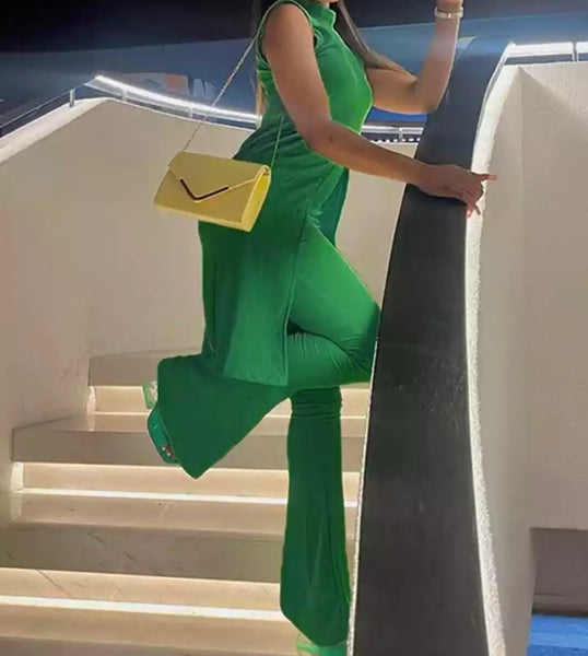 Women Sleeveless Green Fashion Two Piece Wide Leg Pant Set