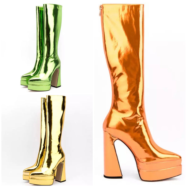 Women Pointed Toe Fashion Platform PU Knee High Boots