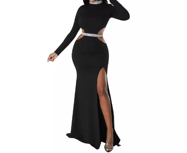 Women Sexy Bling Patchwork Full Sleeve Cut Out Maxi Dress