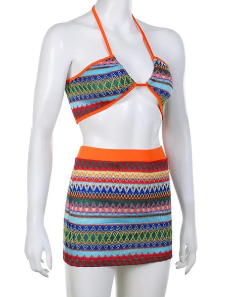 Women Sexy Multicolored Striped Halter Two Piece Skirt Set