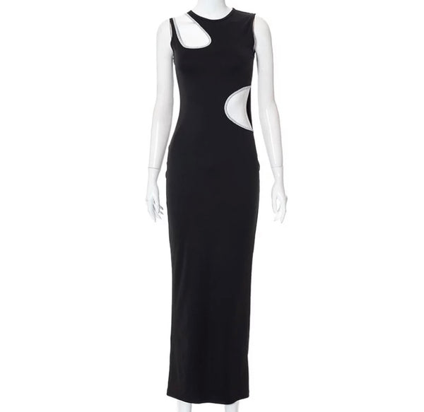Women Sexy Black Cut Out Bling Sleeveless Maxi Dress
