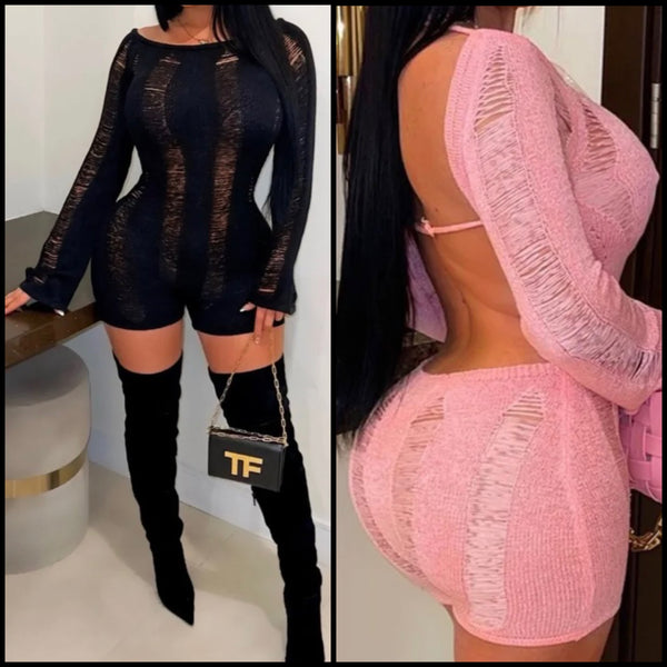 Women Fashion Full Sleeve Open Back Ripped Romper