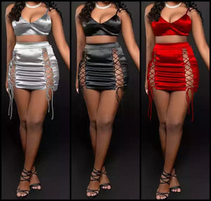 Women Sexy Sleeveless Crop Two Piece Lace Up Mini Skirt Set