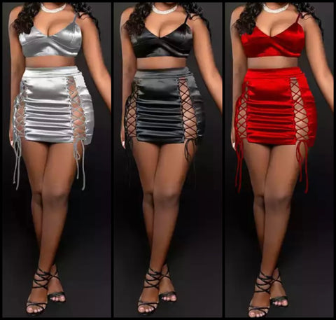 Women Sexy Sleeveless Crop Two Piece Lace Up Mini Skirt Set