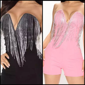 Women Sexy Strapless V-Neck Bling Tassel Romper