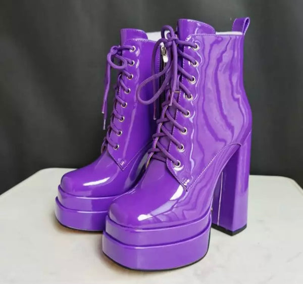 Women Patent Leather Lace Up Platform Ankle Boots