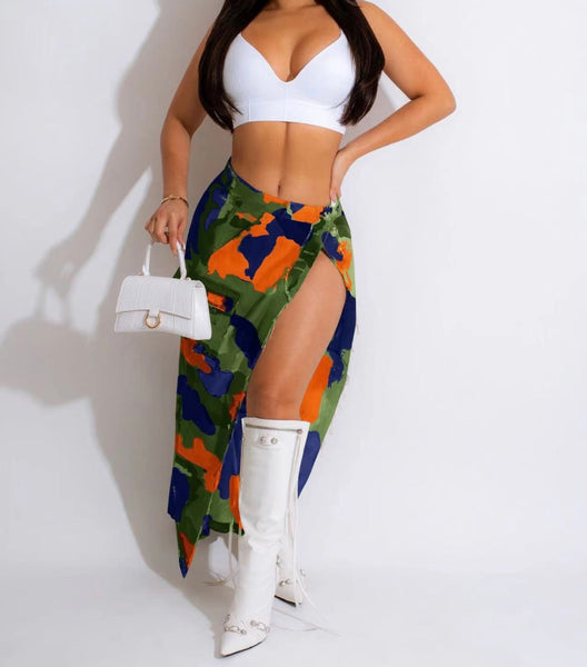 Women Fashion Camouflage Sexy Side Slit Maxi Skirt