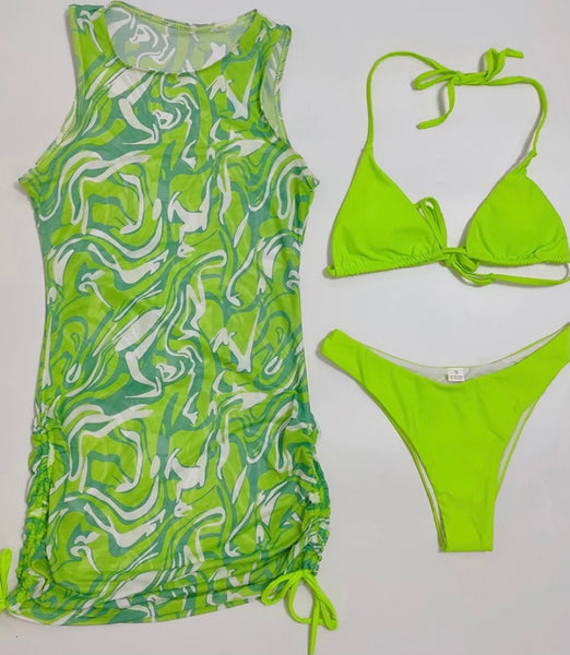 Women Sexy Neon Printed Three Piece Bikini Cover Up Set