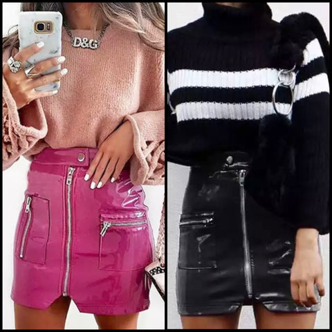 Women Fashion PU Zipper Mini Skirt