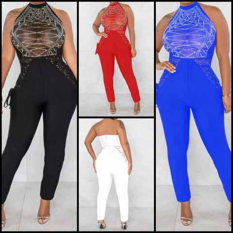 Women Sexy Halter Mesh Bling Patchwork Tie Up Jumpsuit