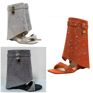 Women Bling Lock Open Toe Wedge Ankle Boots
