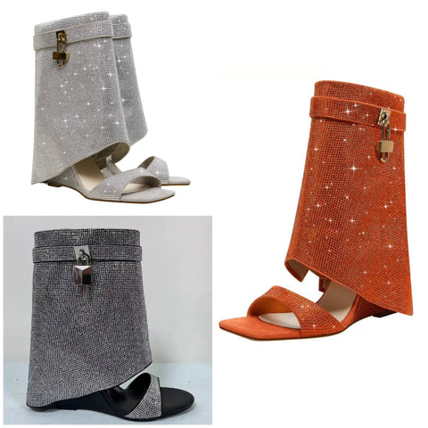 Women Bling Lock Open Toe Wedge Ankle Boots