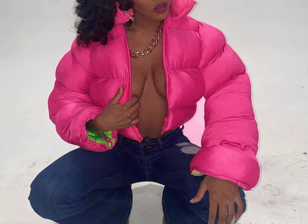 Women Puff Fashion Crop Neon Jacket