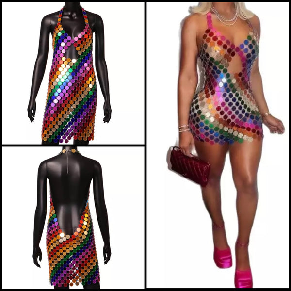 Women Sexy Halter Multicolored Mirror Dress