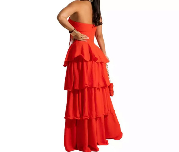 Women Sexy Ruffled Hollow Out Maxi Dress