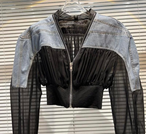 Women Denim Mesh Patchwork Fashion Crop Jacket