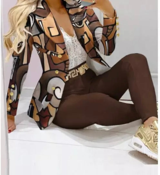 Women Fashion Printed Blazer Two Piece Pant Set