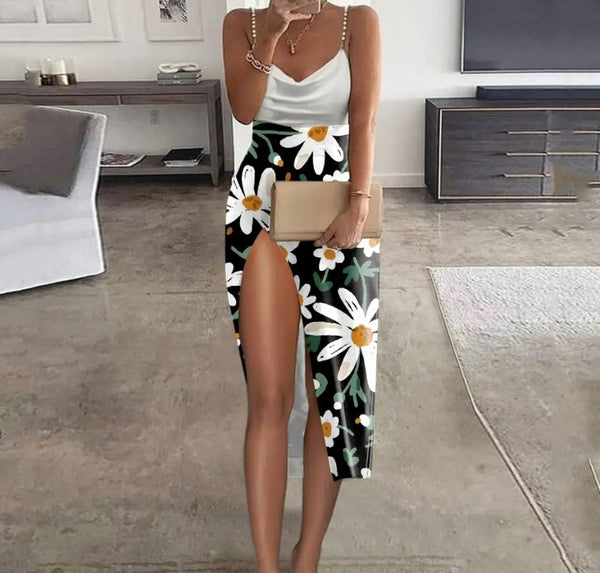 Women Sexy Sleeveless Printed High Side Slit Dress