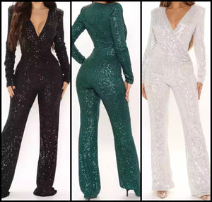 Women Sequins Sexy V-Neck Full Sleeve Jumpsuit