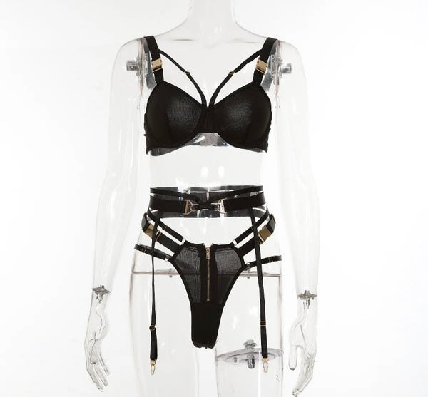 Women Sexy Black Gold Buckled Zipper Lingerie Set