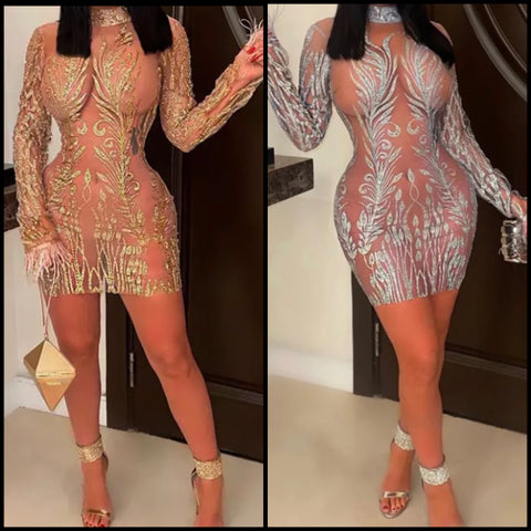 Women Sexy Printed Mesh Patchwork Full Sleeve Dress