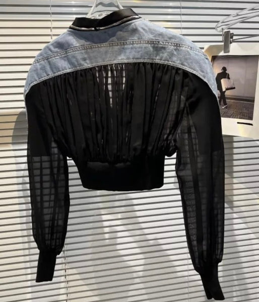 Women Denim Mesh Patchwork Fashion Crop Jacket