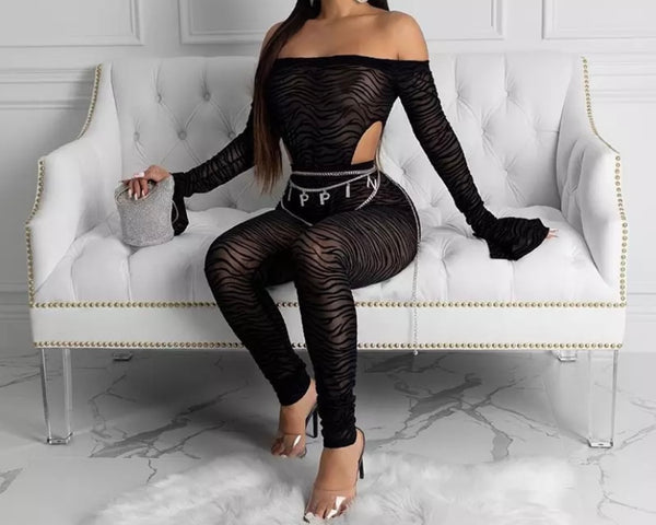 Women Sexy Off The Shoulder Printed Mesh Two Piece Pant Set