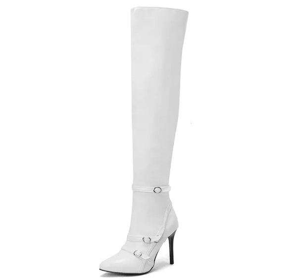 Women Fashion Pointed Toe Buckled Over The Knee Boots