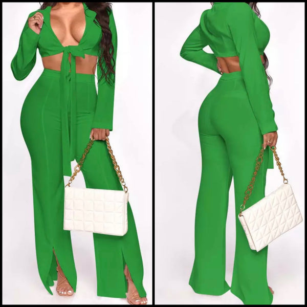 Women Sexy Tie Up Full Sleeve Crop Two Piece Pant Set