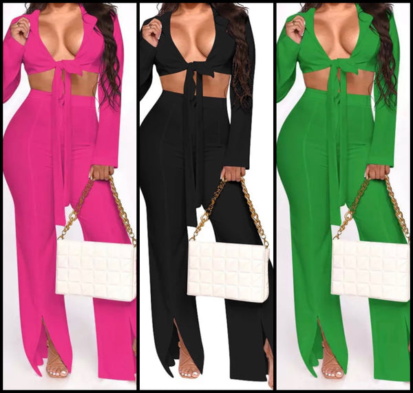 Women Sexy Tie Up Full Sleeve Crop Two Piece Pant Set