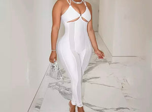 Women Sexy White Sleeveless Mesh Patchwork Jumpsuit