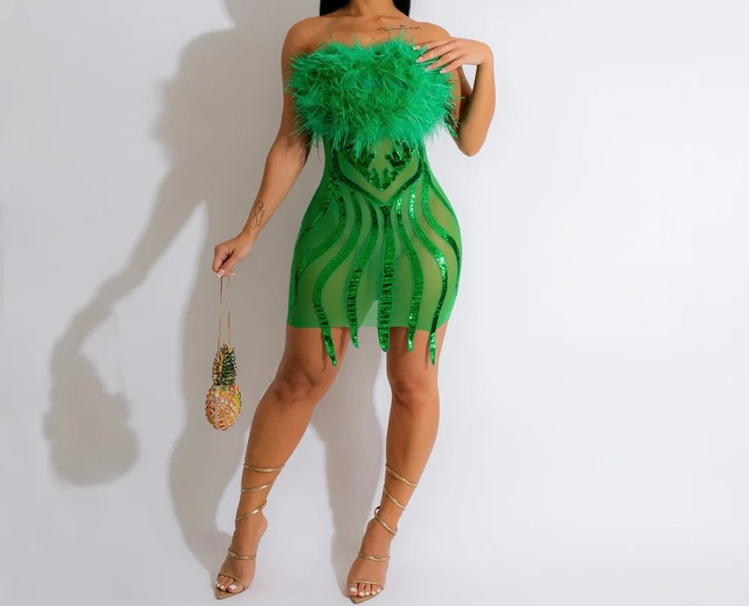 Women Feather Strapless Sequins Mesh Patchwork Dress